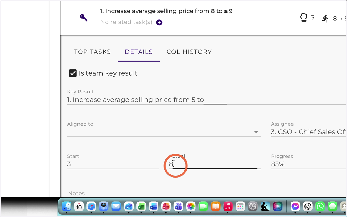 Update the key result value (Actual)