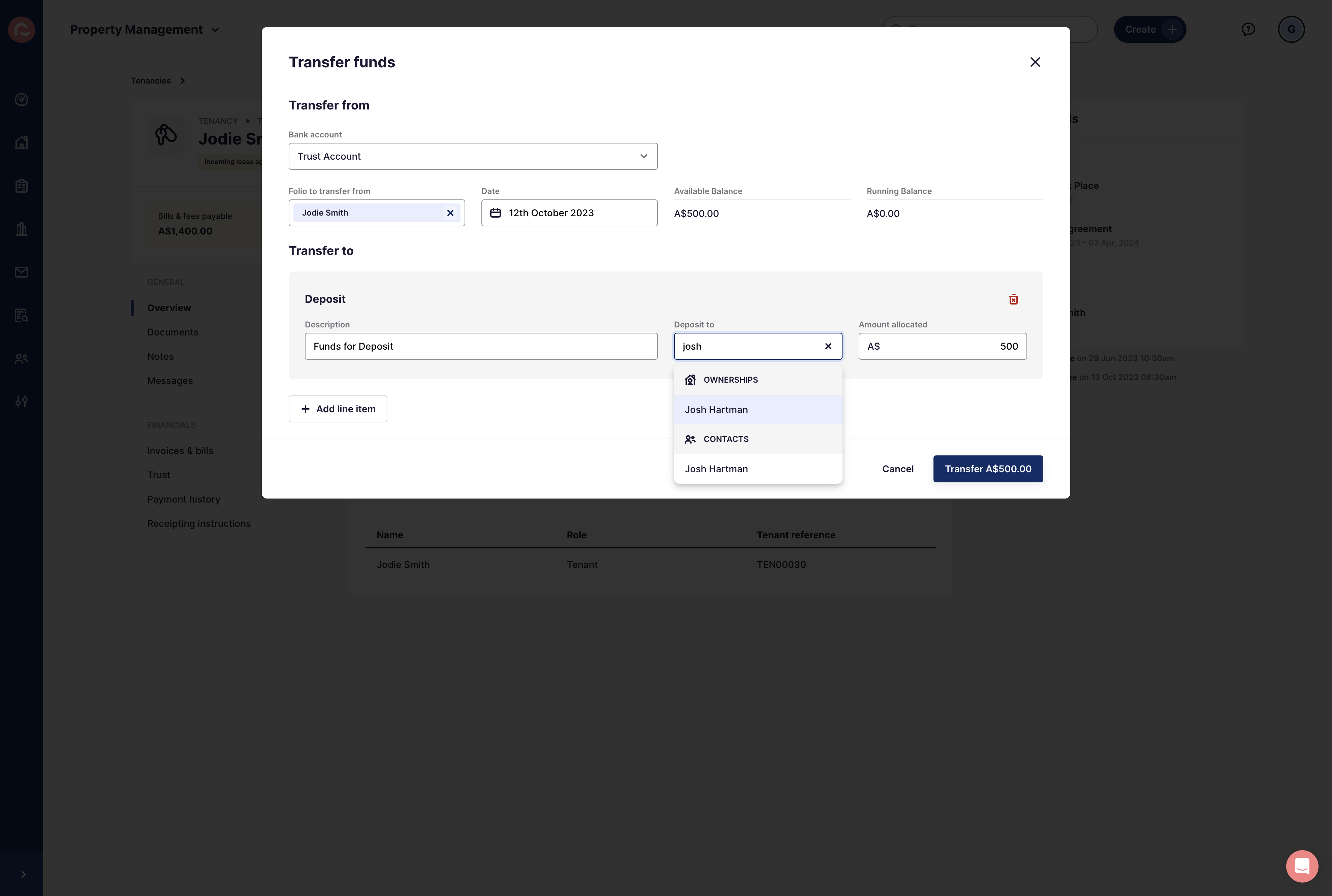 Select a Ledger for the funds to be transferred to