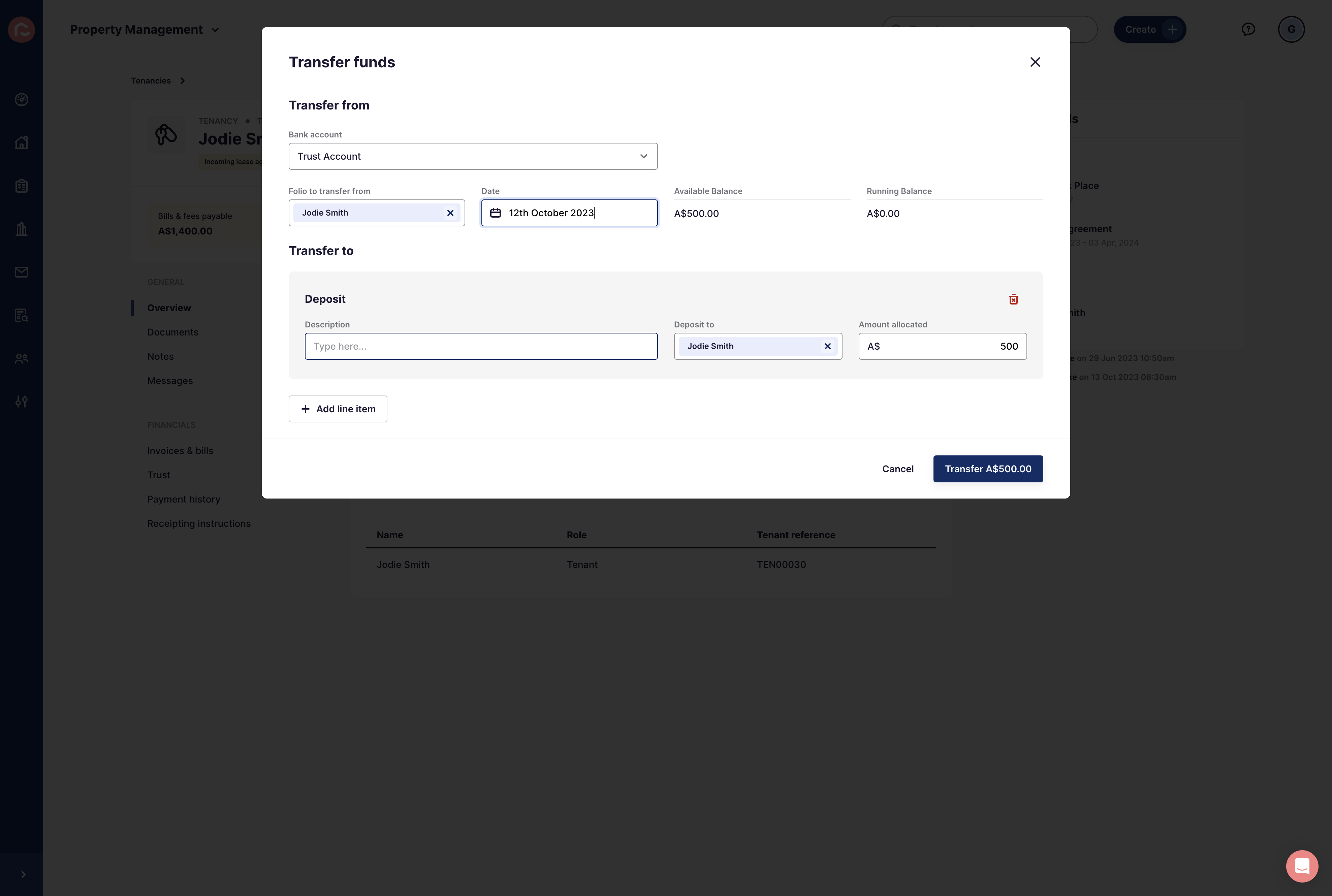Enter a Description for the Transfer of Funds
