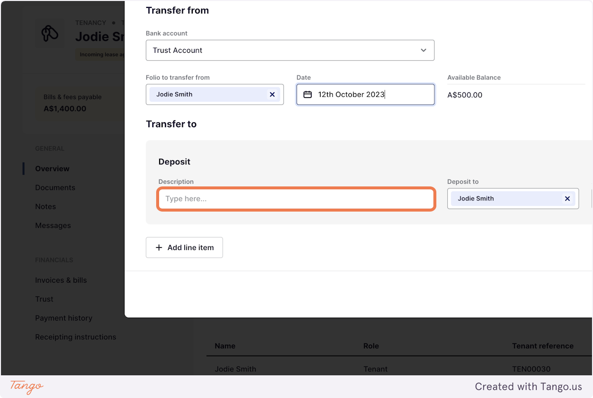 Enter a Description for the Transfer of Funds
