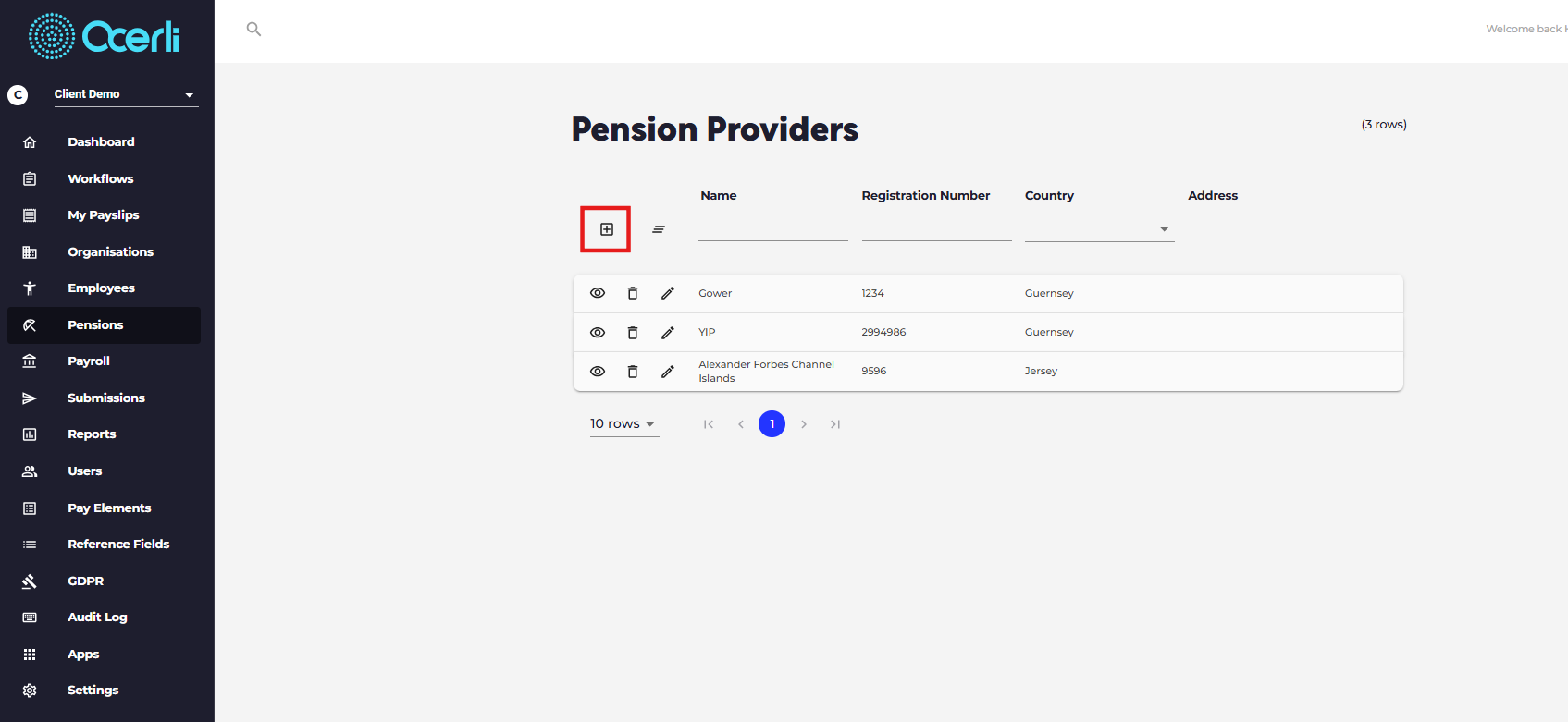 Click the plus symbol to create a new pension provider