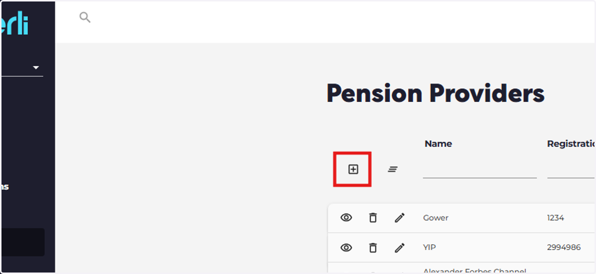 Click the plus symbol to create a new pension provider