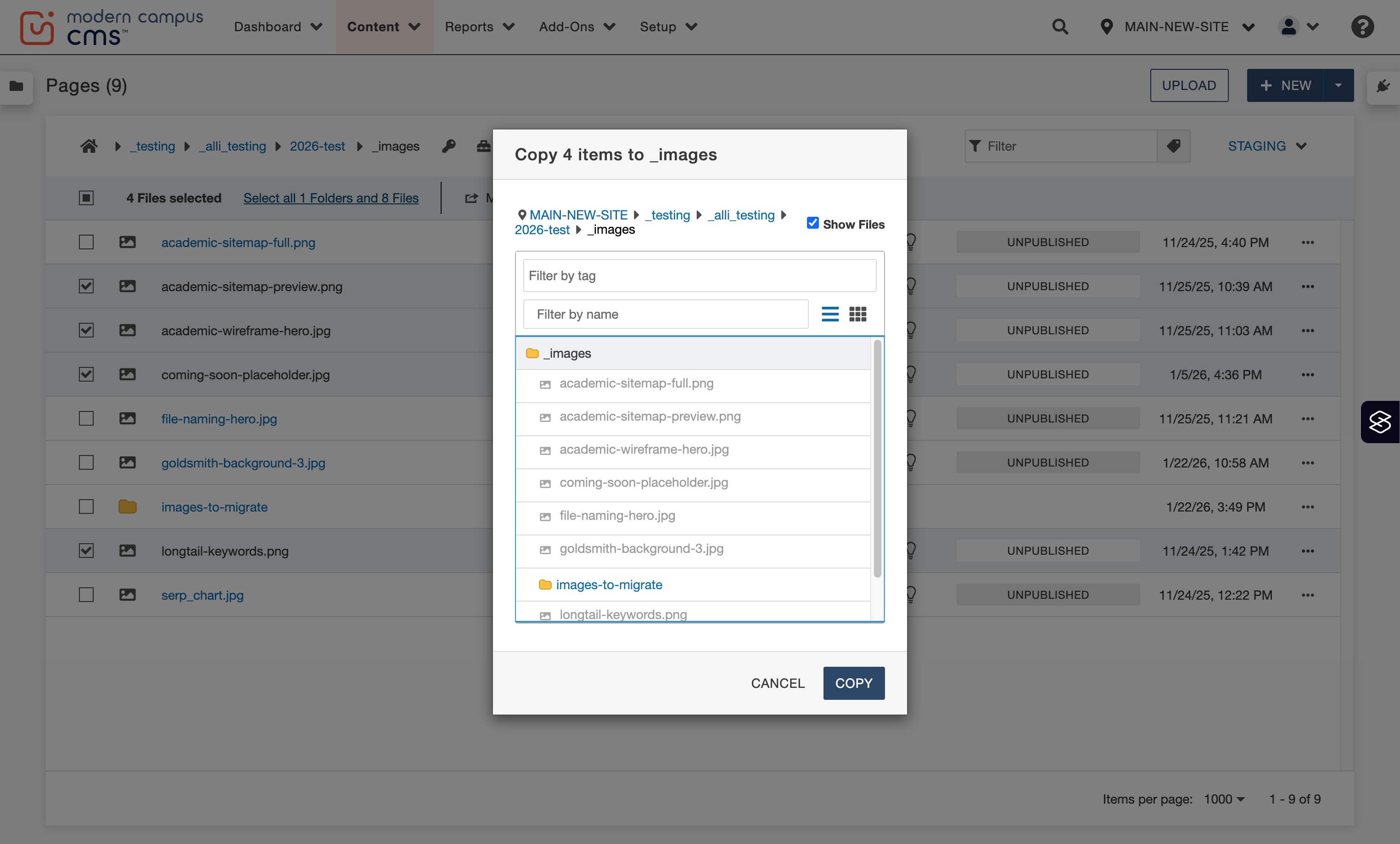 You'll see the images-to-migrate folder in the pop-up modal. You may need to scroll to see it depending on how many files you have in your images folder.