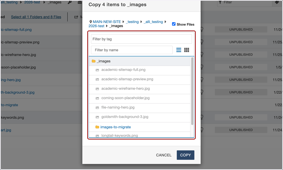 You'll see the images-to-migrate folder in the pop-up modal. You may need to scroll to see it depending on how many files you have in your images folder.