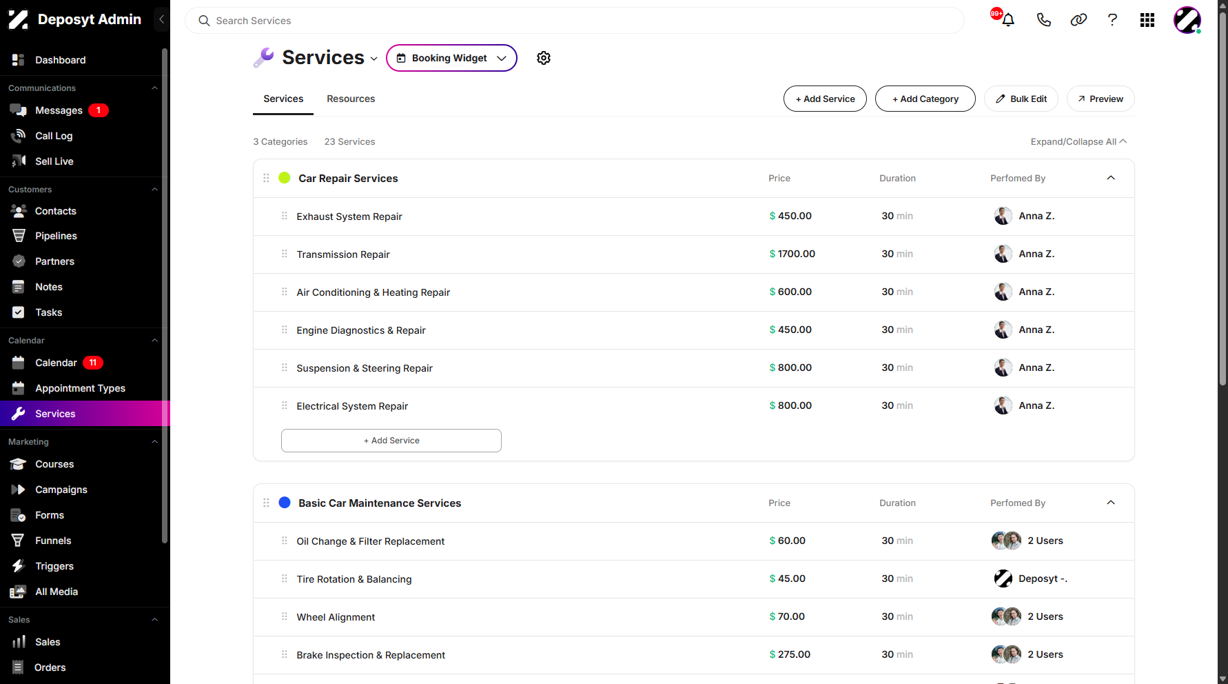 Step 1: On your Dashboard, navigate to the Services tab under the Calendar section.