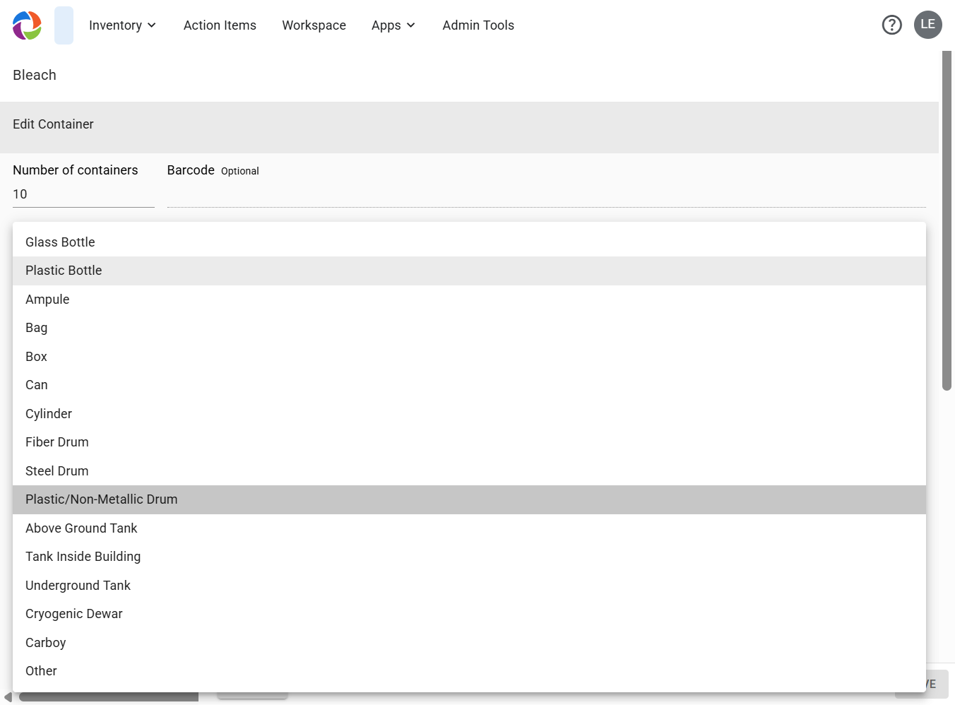 Select the Container Type