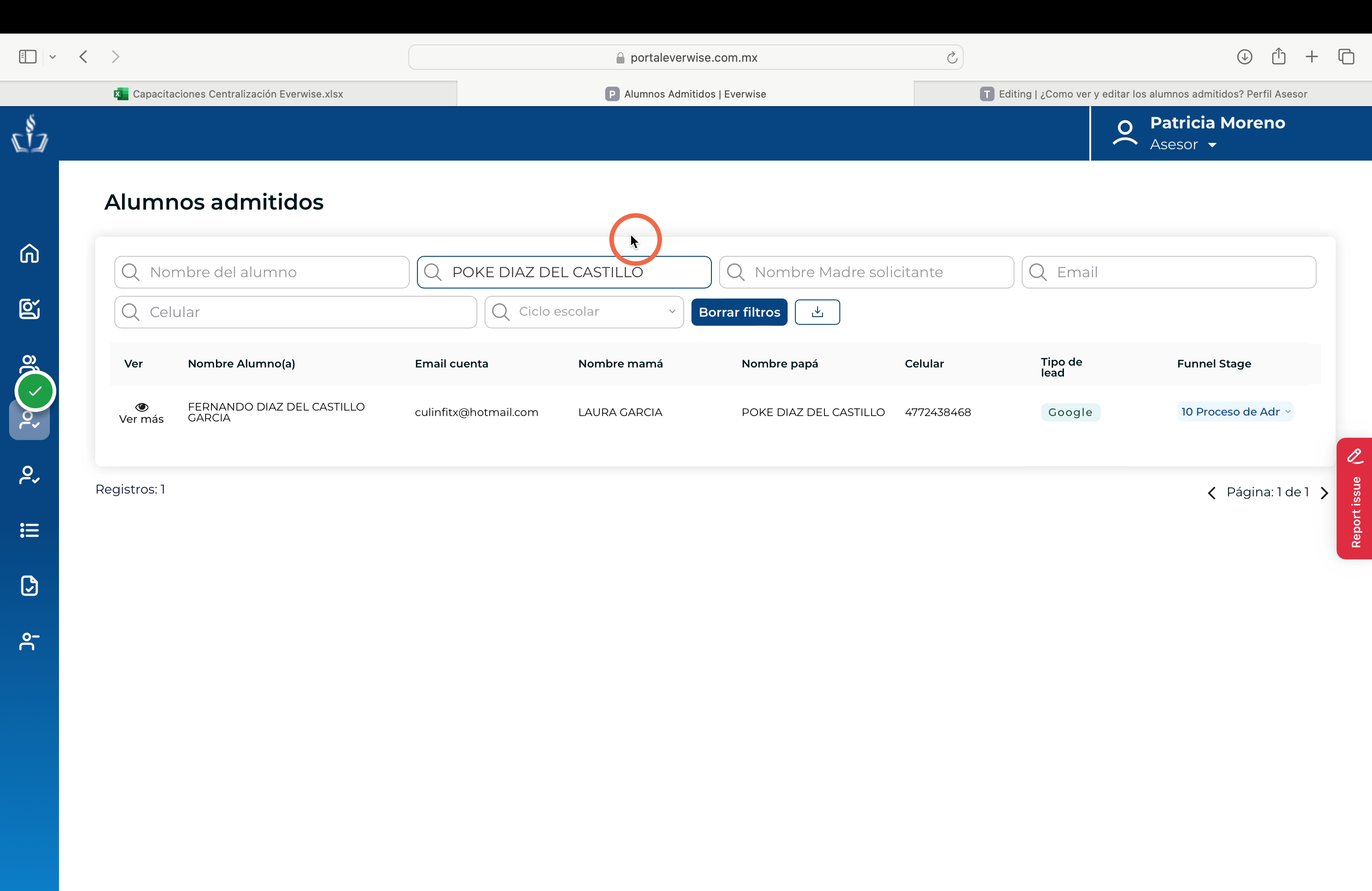 Filtro por "Nombre del padre solicitante"