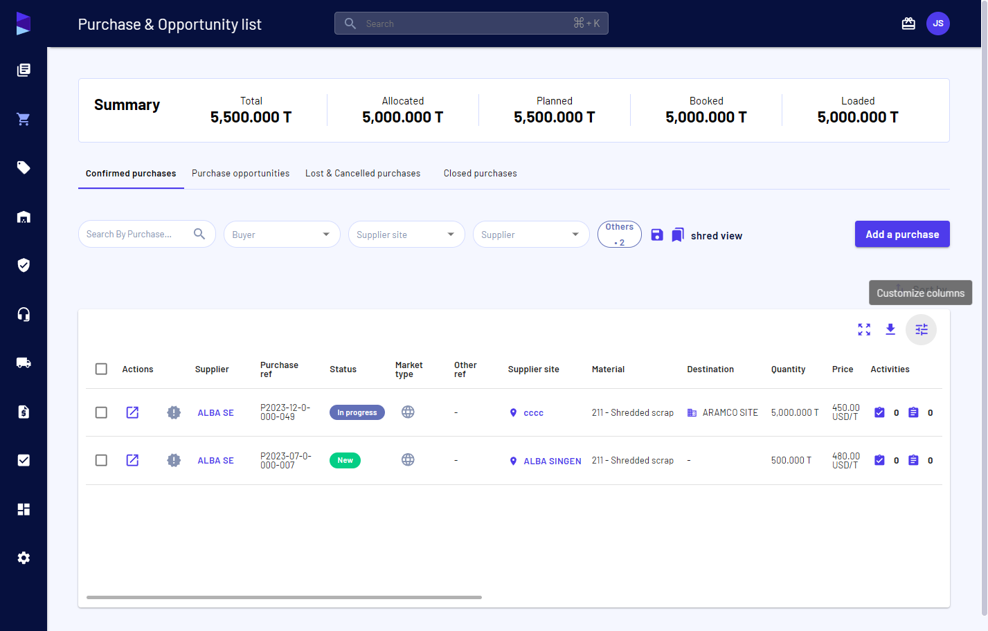 Click on 'Customized columns'