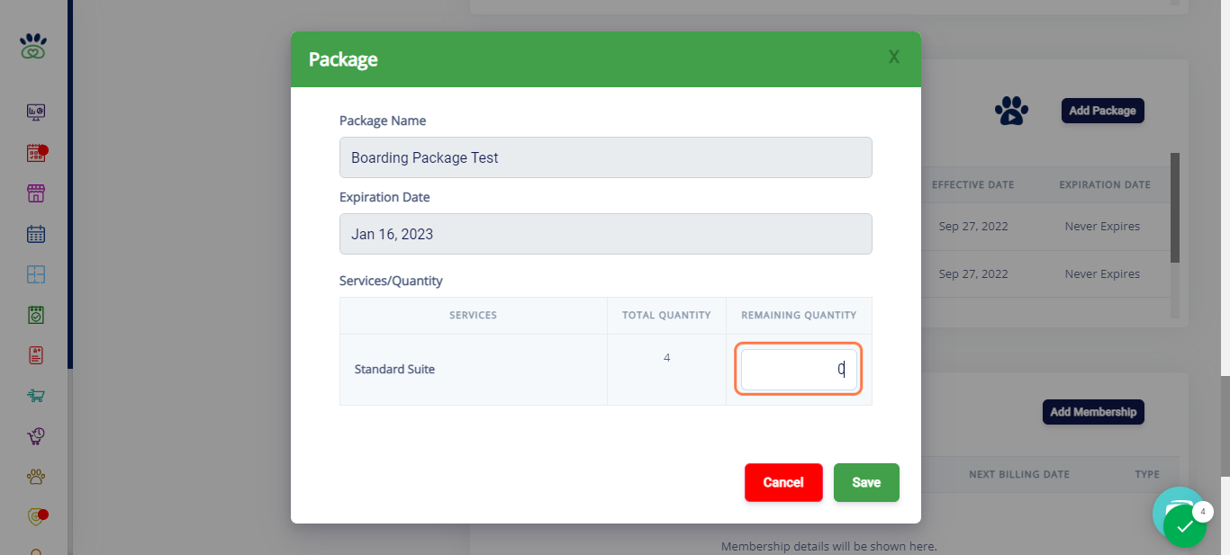 Type in the amount of credits that you would like to remove. For this example, we typed in "0" as this a package that can no longer be used.