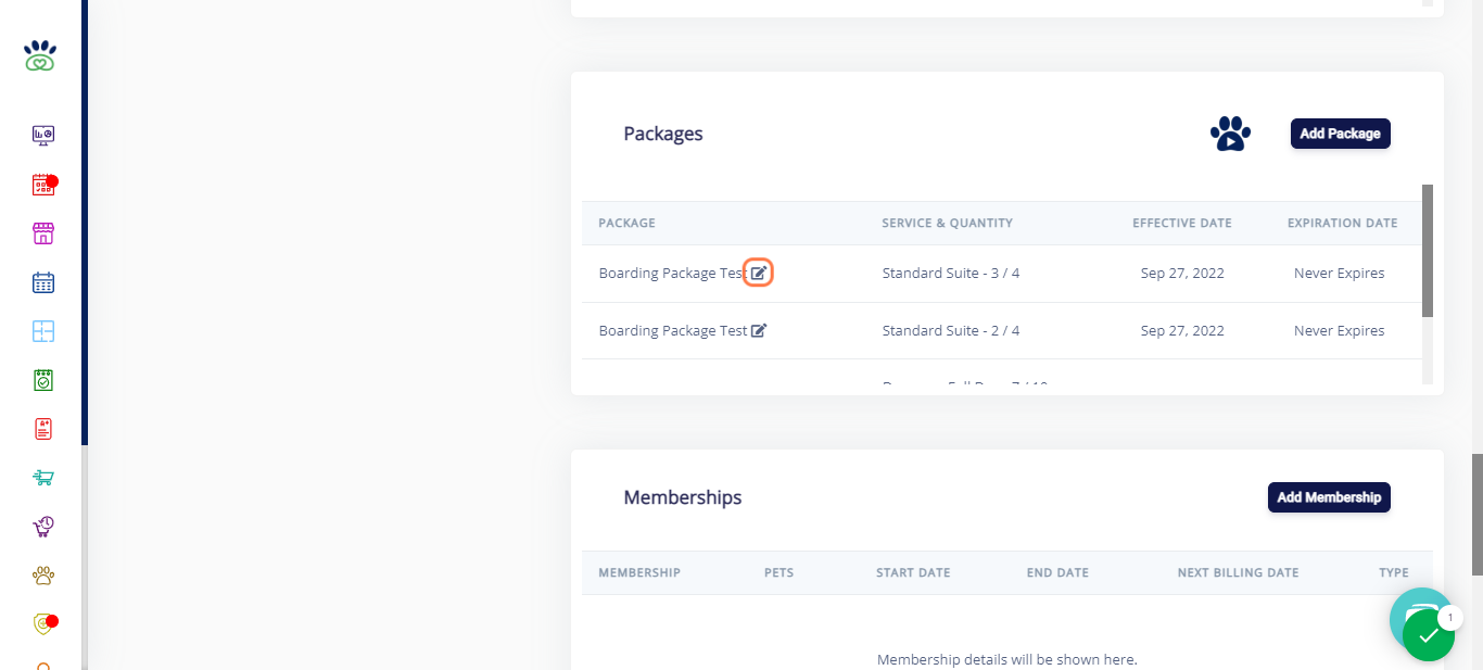 Go to the packages section on the associated pet owners profile. Click on the edit button next to the associated package.