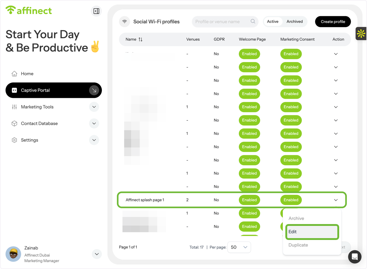 Select a Social Wi-Fi Profile to Edit