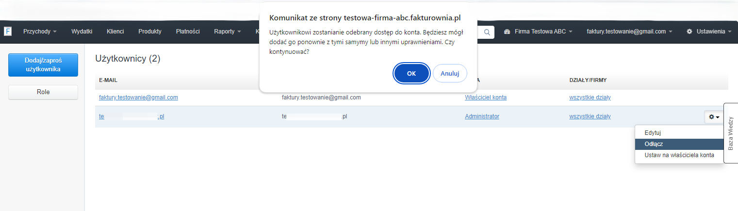 System wyświetli komunikat informujący o odebraniu dostępu do konta. Aby potwierdzić, kliknij OK.