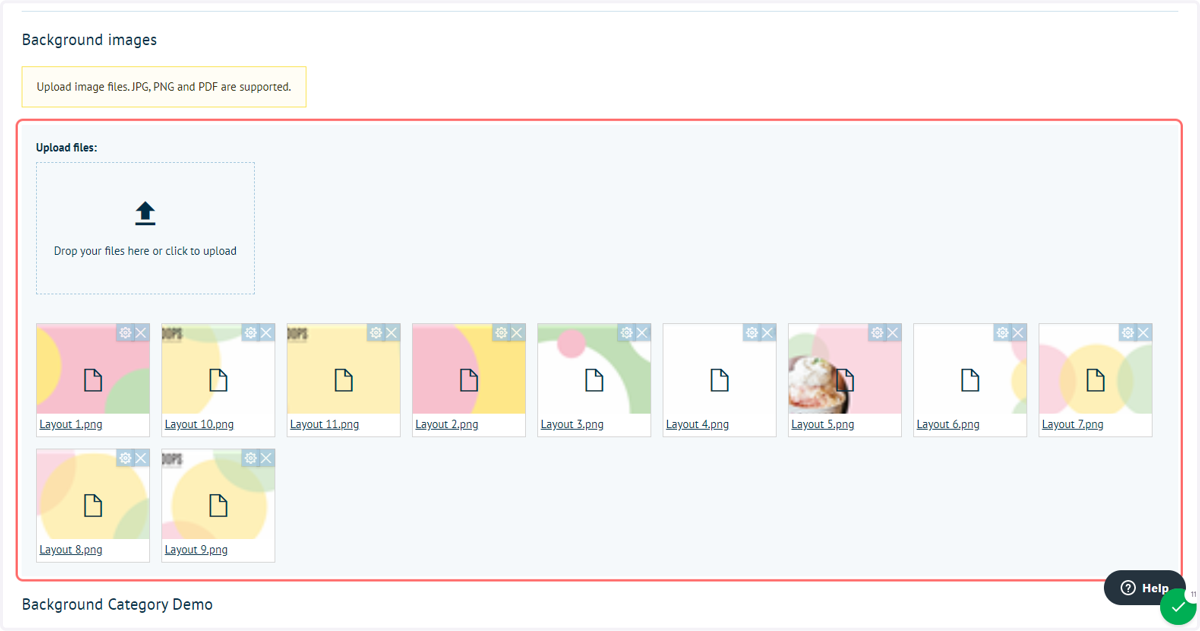 Successfully uploaded background images will be displayed as thumbnails