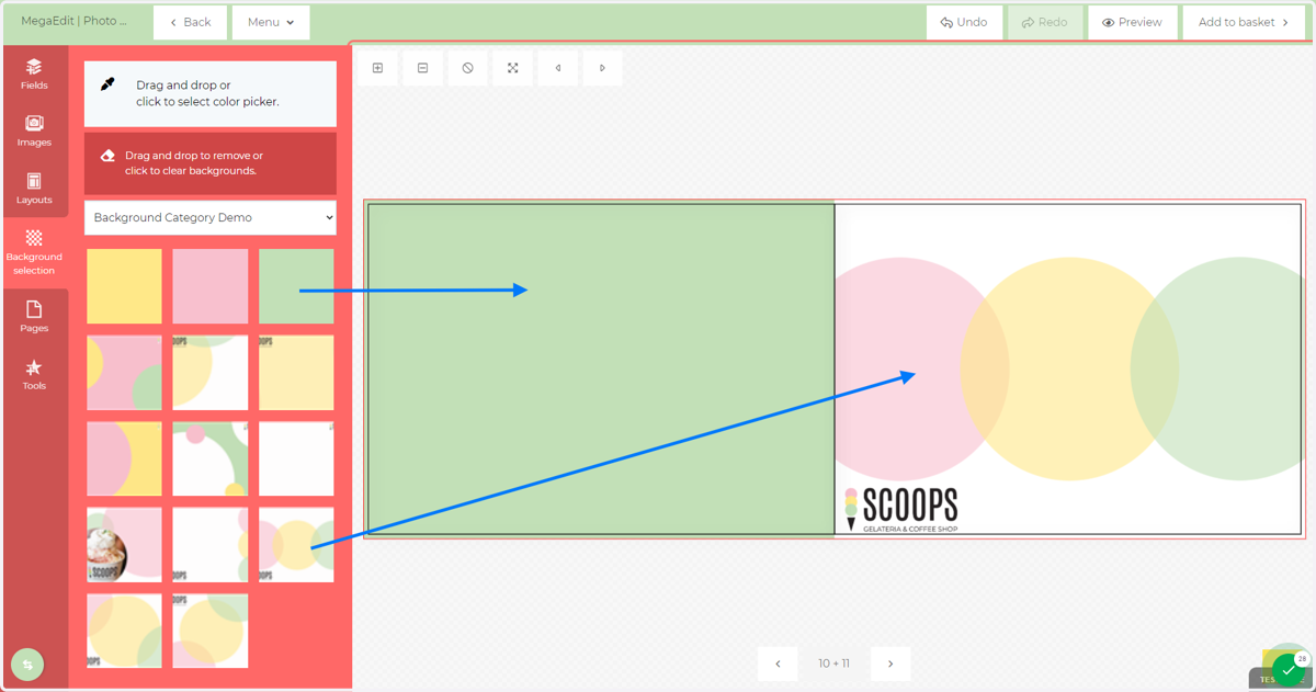 Drag and drop background designs onto pages within your MegaEdit product