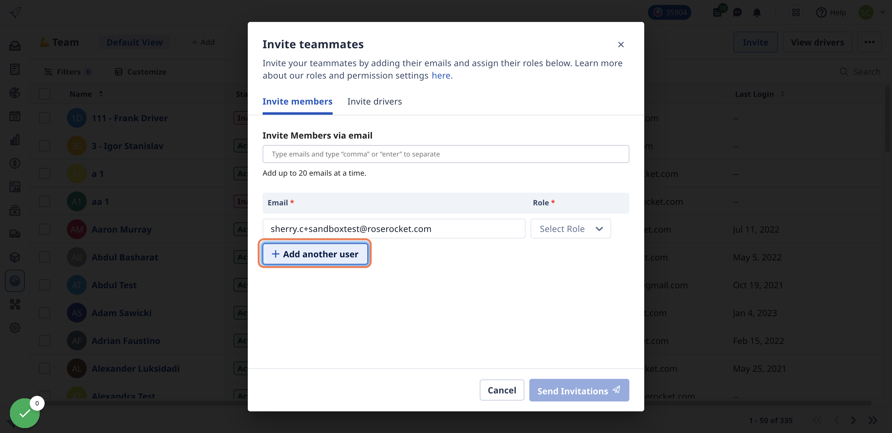 Click on + Add another user to add multiple team members at once.