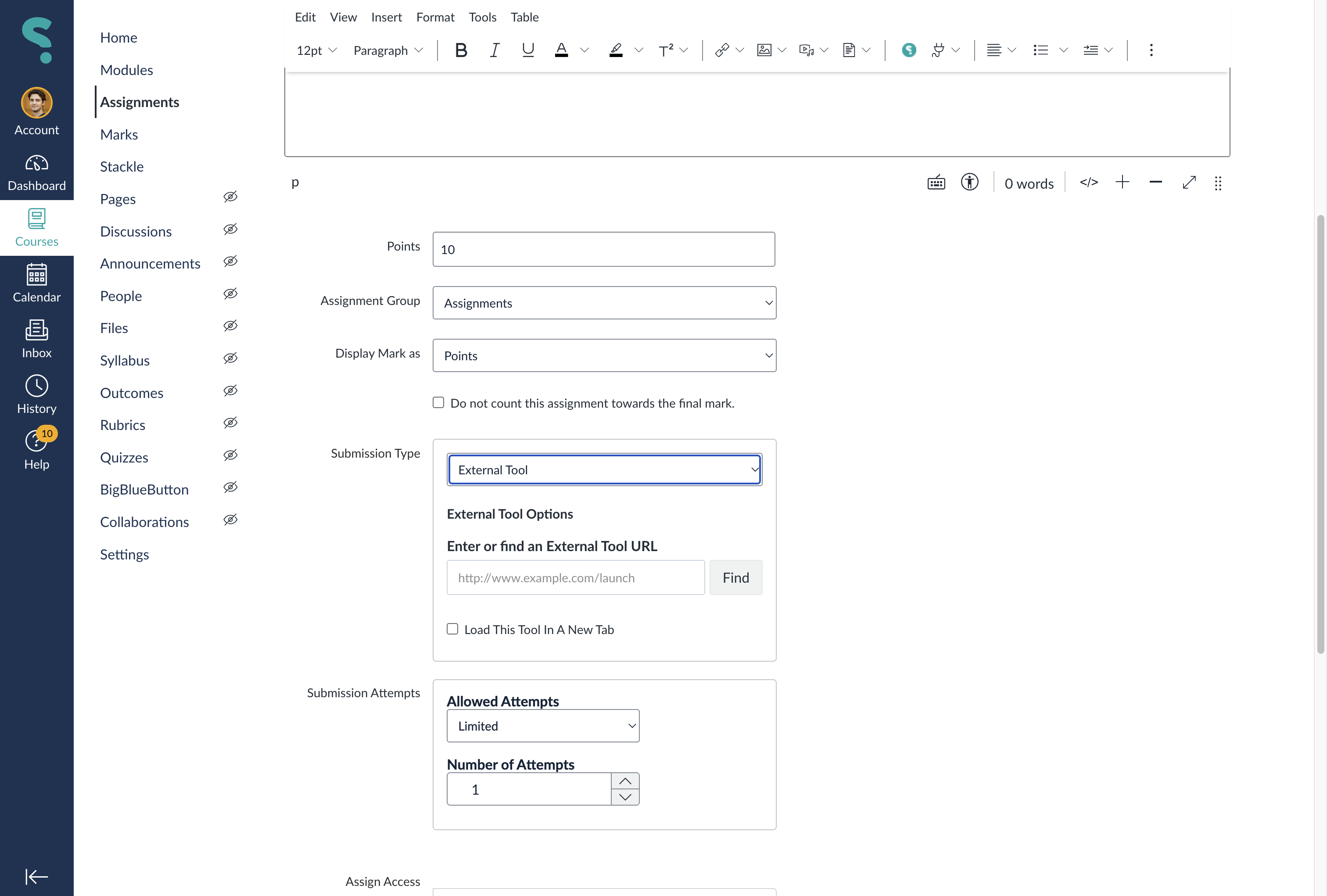 Select External Tool from Submission Type