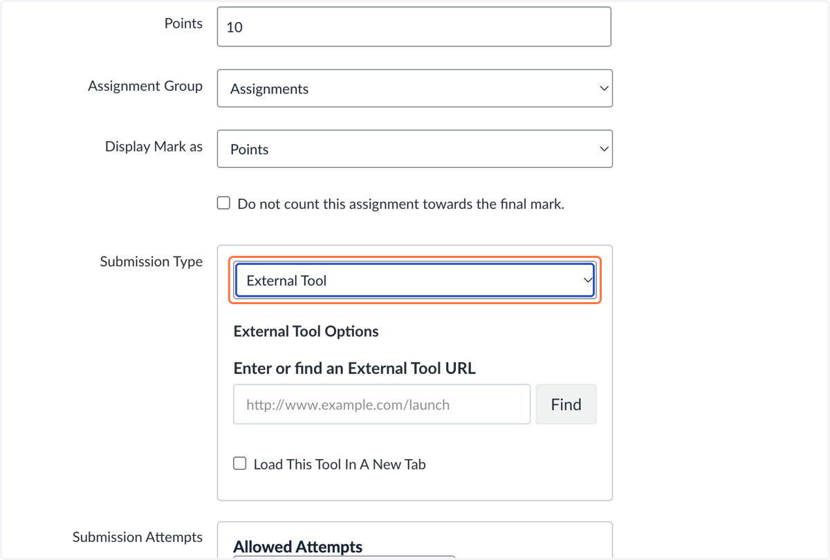 Select External Tool from Submission Type
