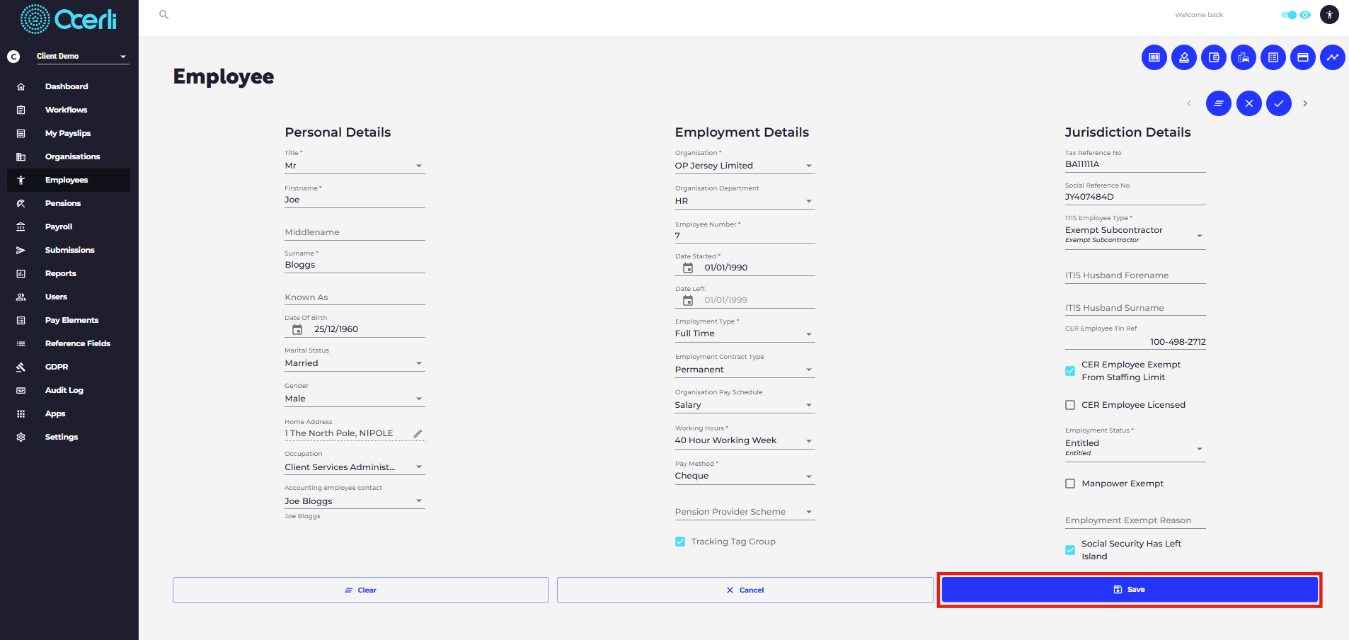 Click on SAVE to save the changes to the employee record
