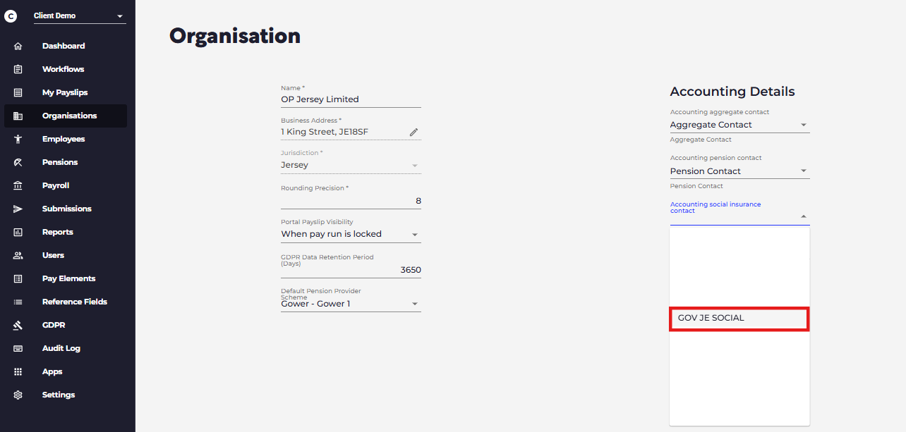 Select the relevant Xero Social Insurance contact