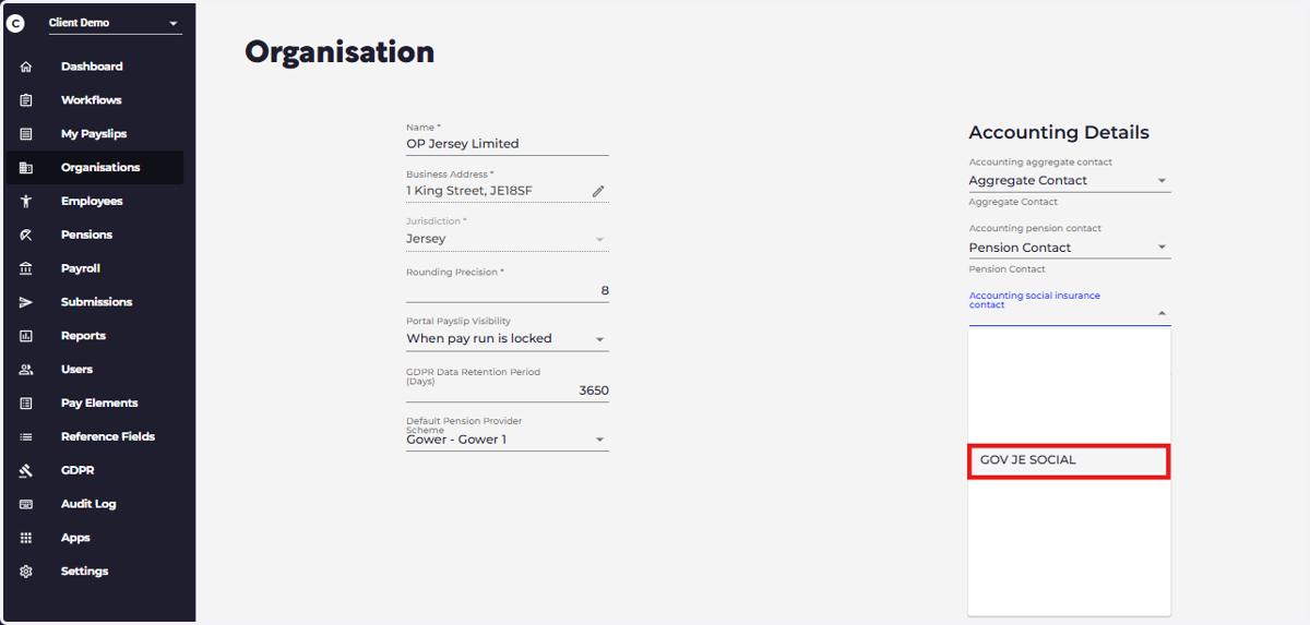 Select the relevant Xero Social Insurance contact