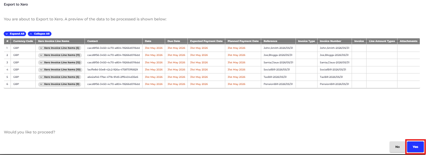 If you are happy to complete the Export to Xero, Click on YES