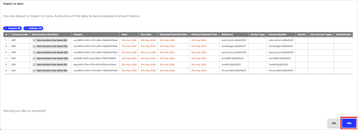 If you are happy to complete the Export to Xero, Click on YES