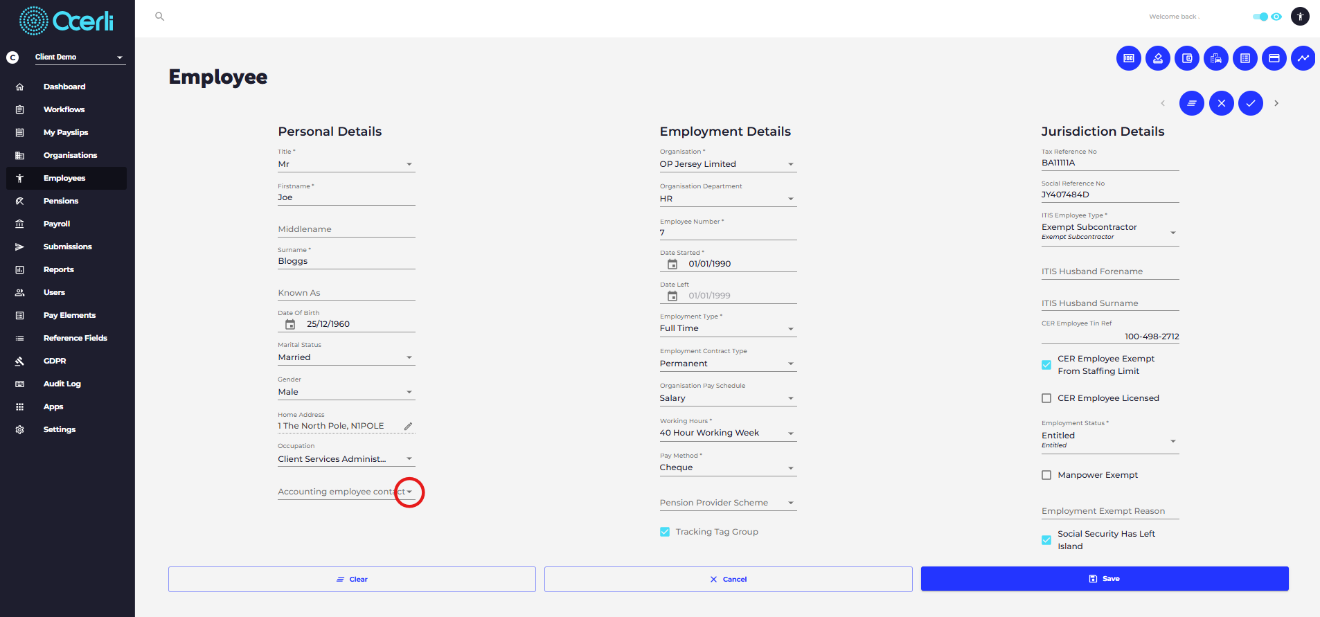 Scroll to the bottom of the screen and click on the drop down next to the Accounting Employee Contact
