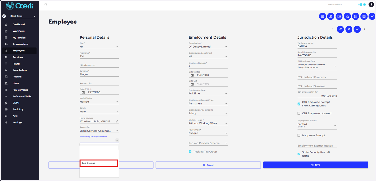 Type or Select the relevant Xero Contact record