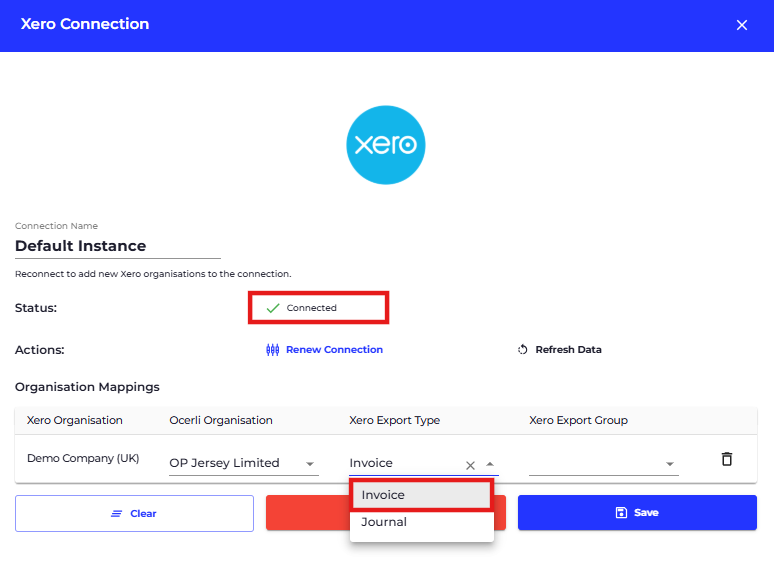 Click on Xero Export Type dropdown against the relevant organisation