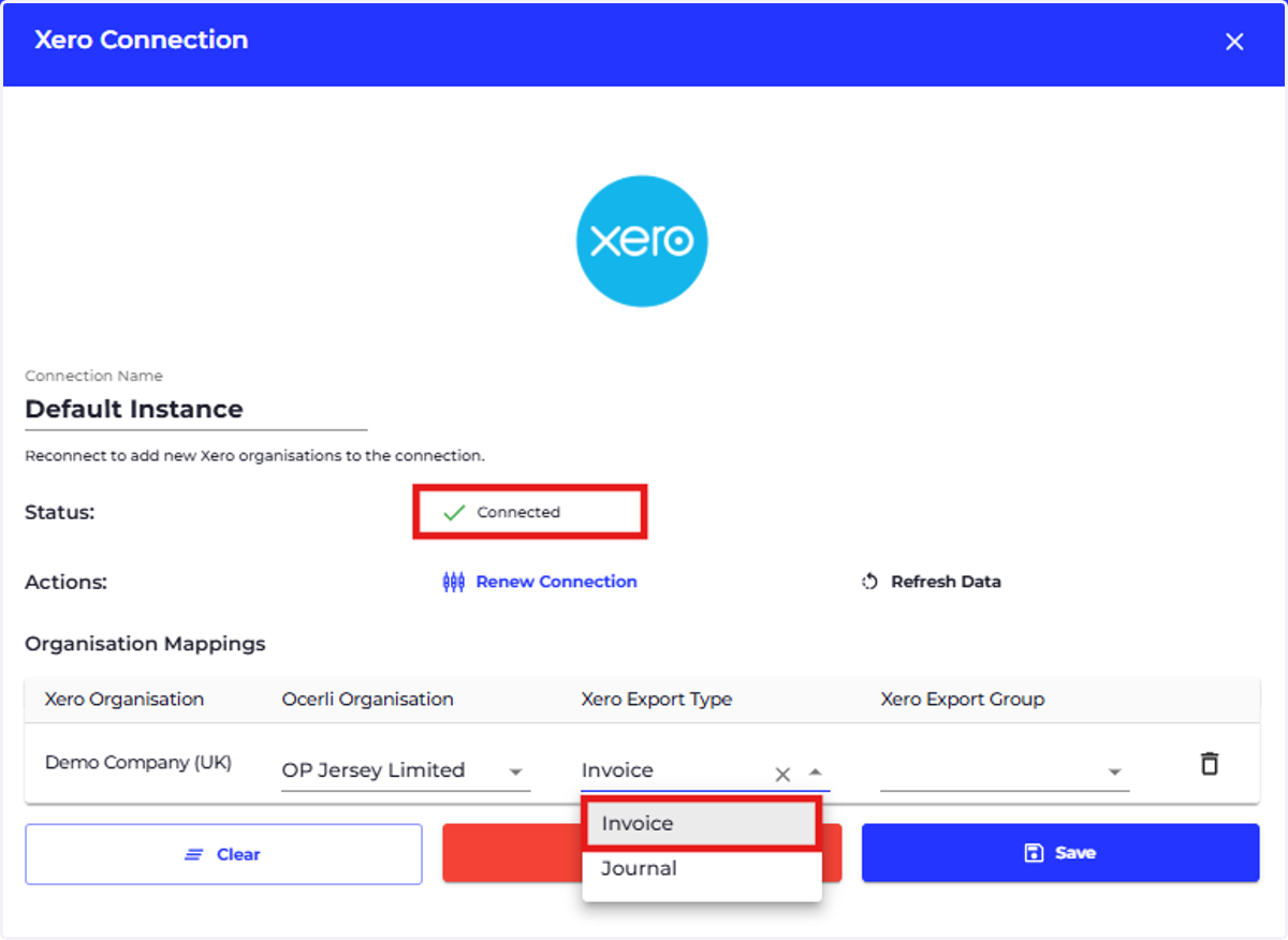 Click on Xero Export Type dropdown against the relevant organisation