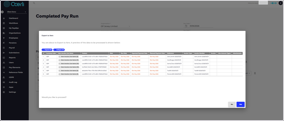 The dialog will show you a preview of the data that is about to be exported to Xero.