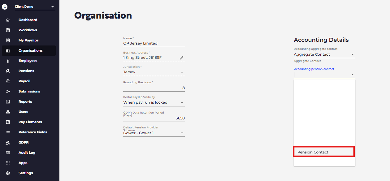 Select the relevant Xero Pension Contact