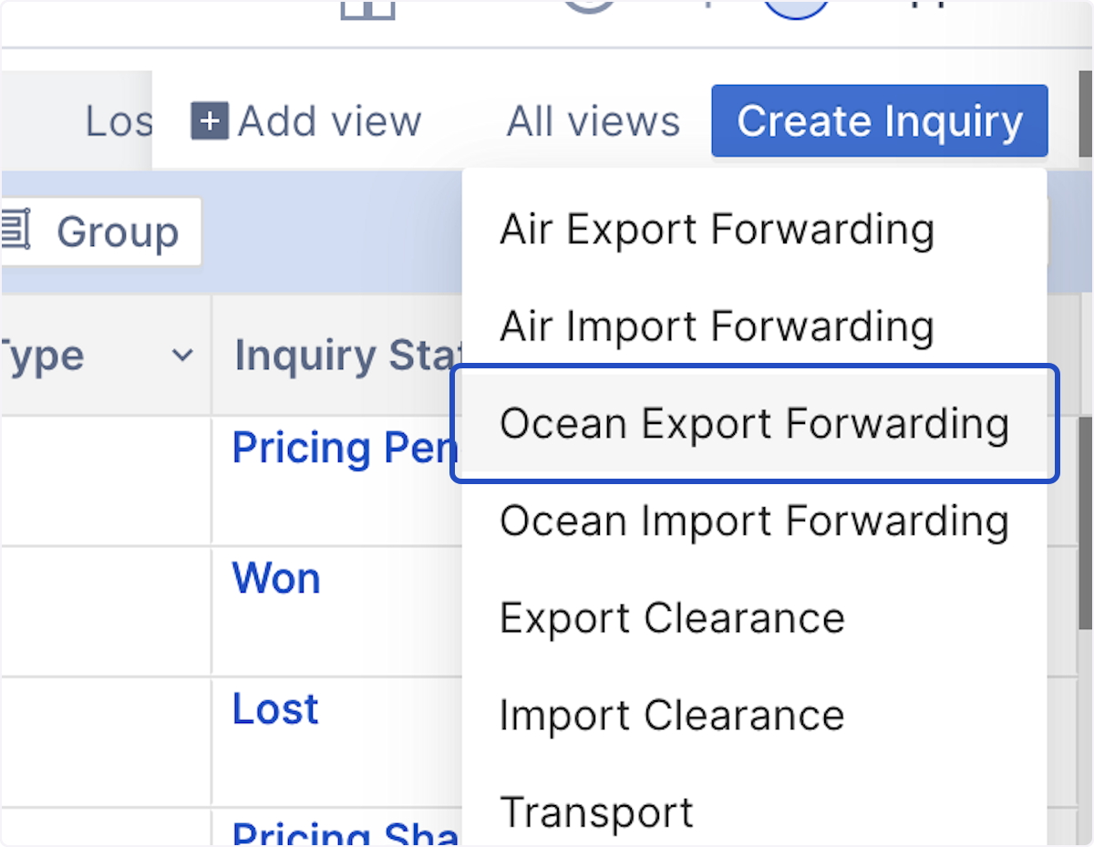 In this sample we will be creating an Inquiry for Ocean Export Forwarding. Click on Ocean Export Forwarding. 