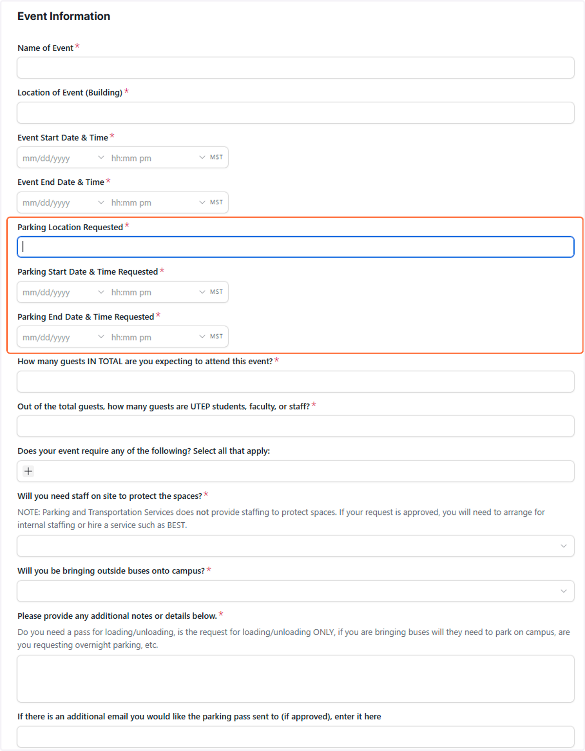 Enter the parking lot/area you are requesting, as well as the date and times you are requesting for the permit.