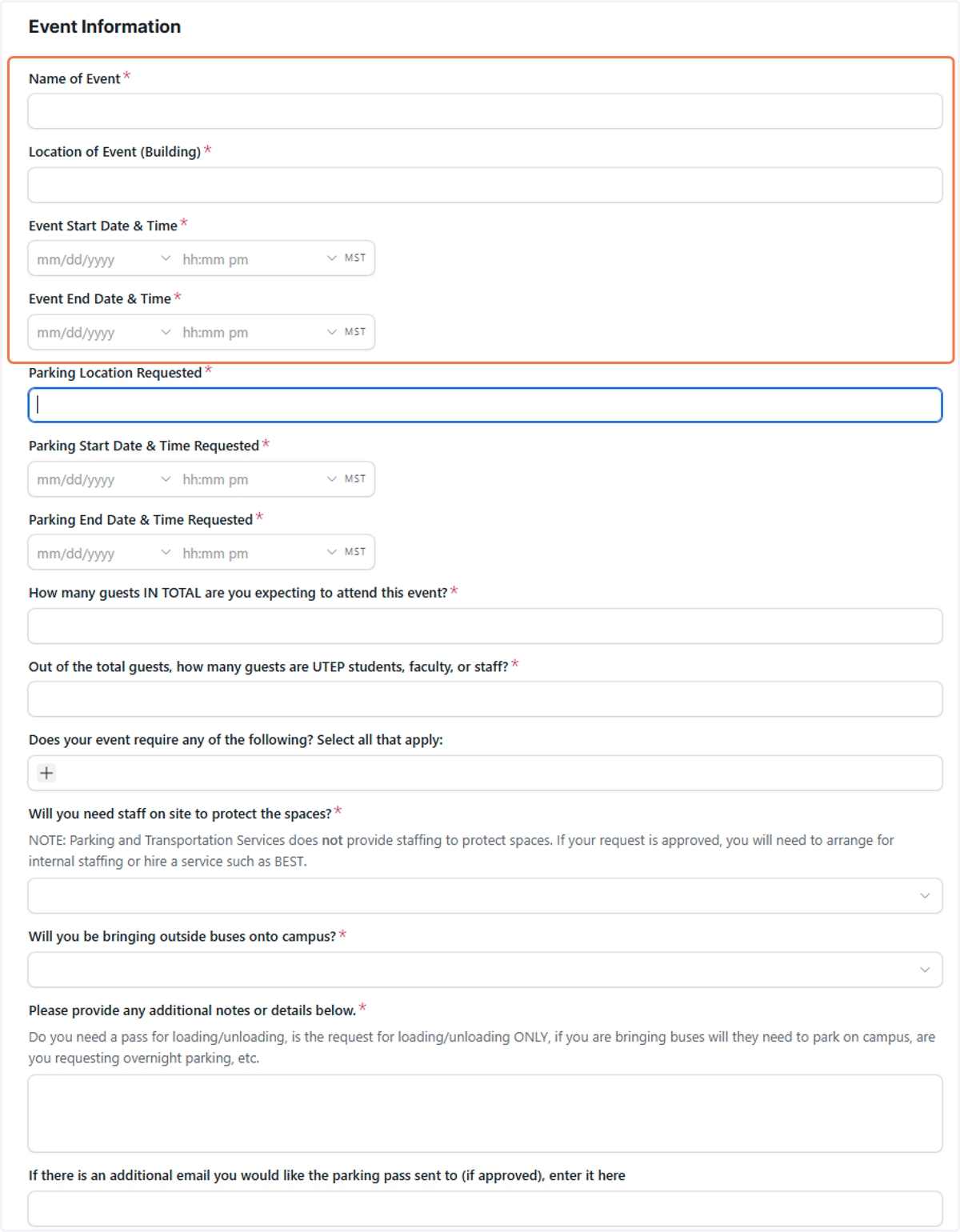 Enter the event name, location on campus, and the date and time of the event