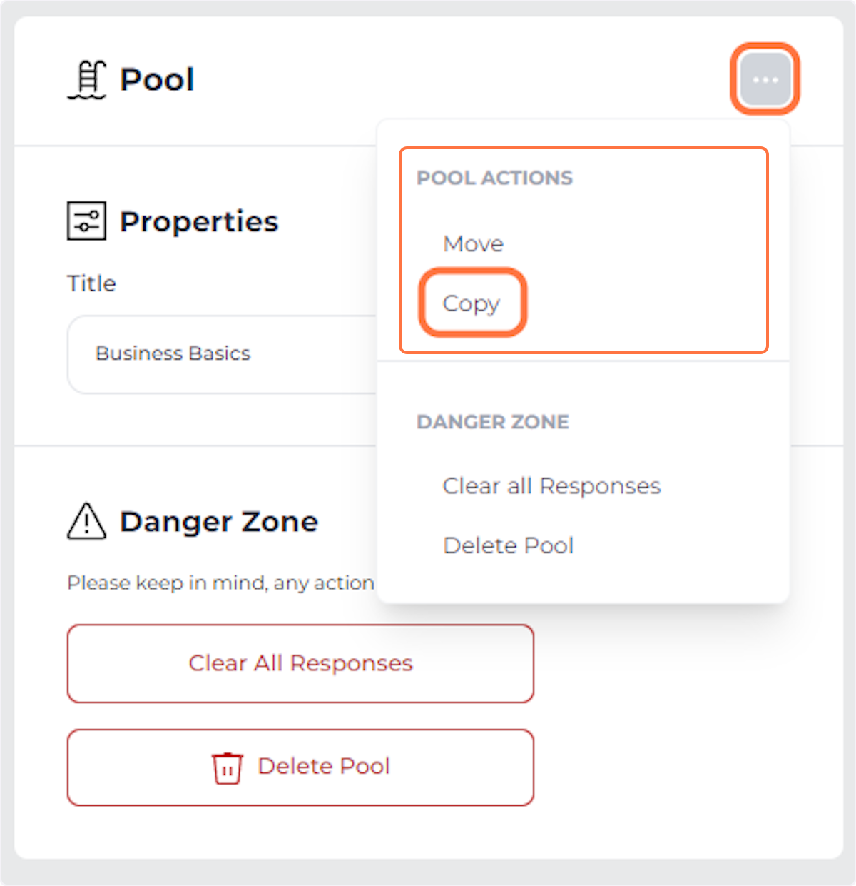 Click 'Copy' from the Pool Actions menu.