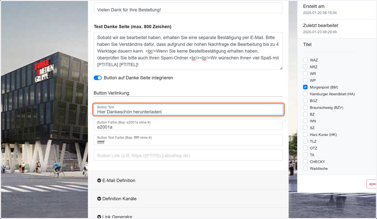 Text für den Button eintragen