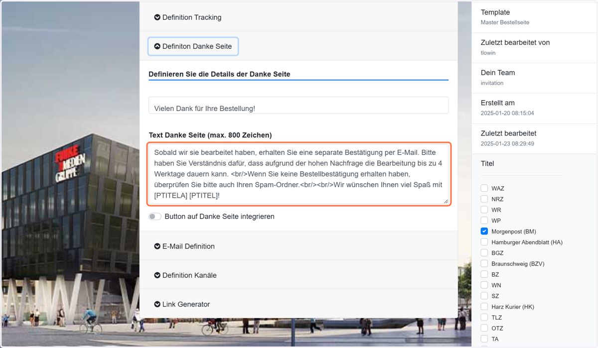 Standardmäßig ist dieser Text hinterlegt, der aber angepasst werden kann.