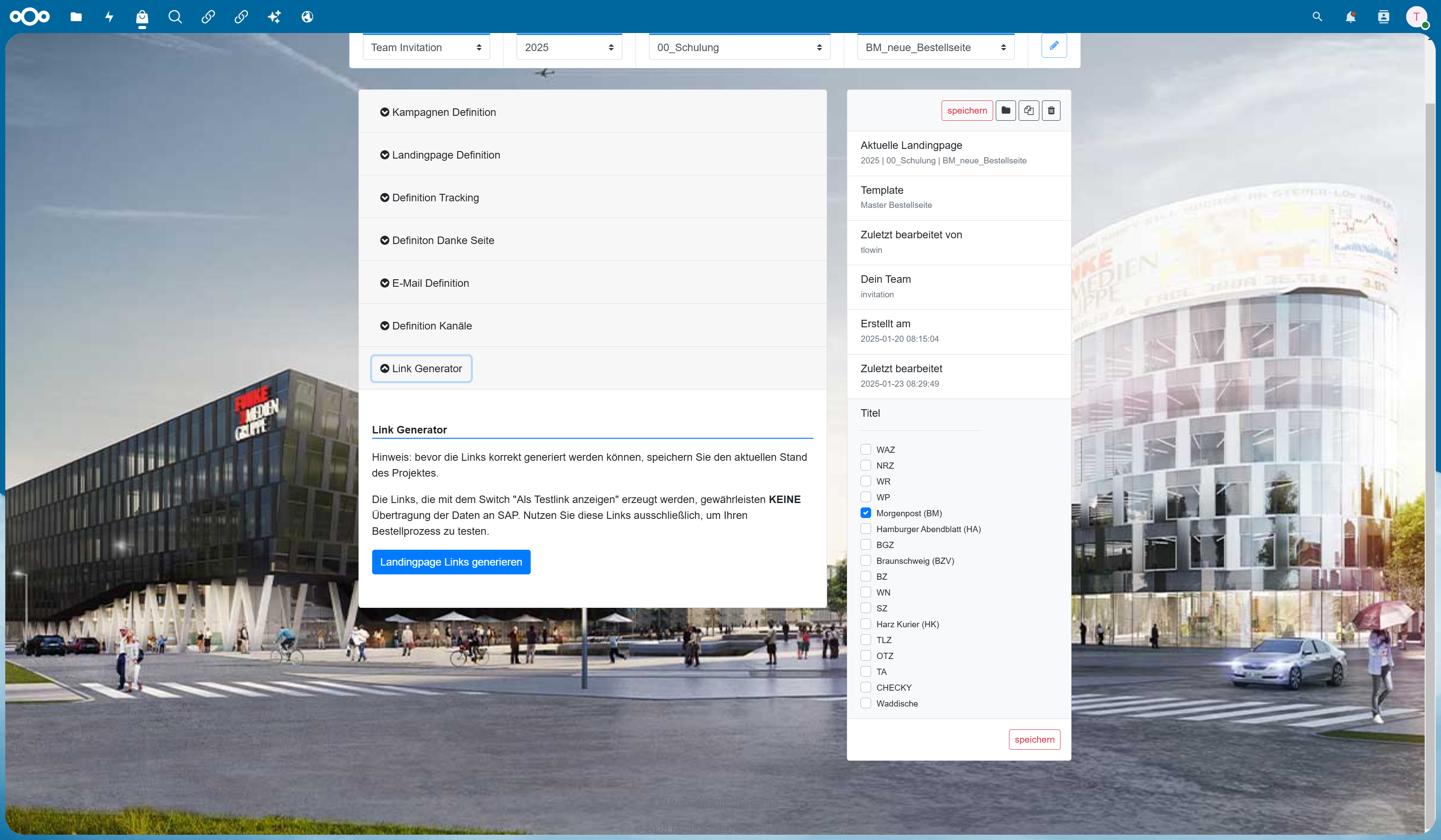 Klicke auf "Landingpage Links generieren"