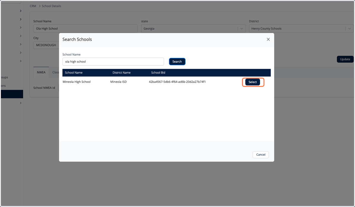 Choose the school / district result that matches the desired school