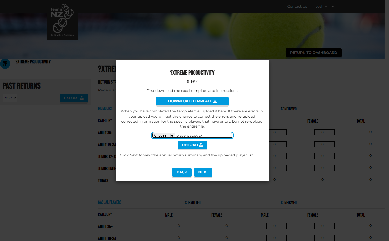 Click Choose File and locate your saved Excel Template, click Upload