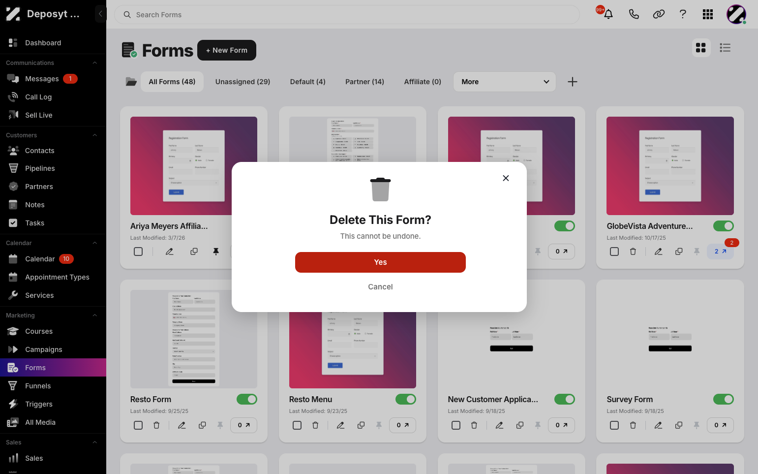 Step 4: A pop-up appears asking if you are sure you want to delete the form, as this action cannot be undone. Click Yes to confirm.