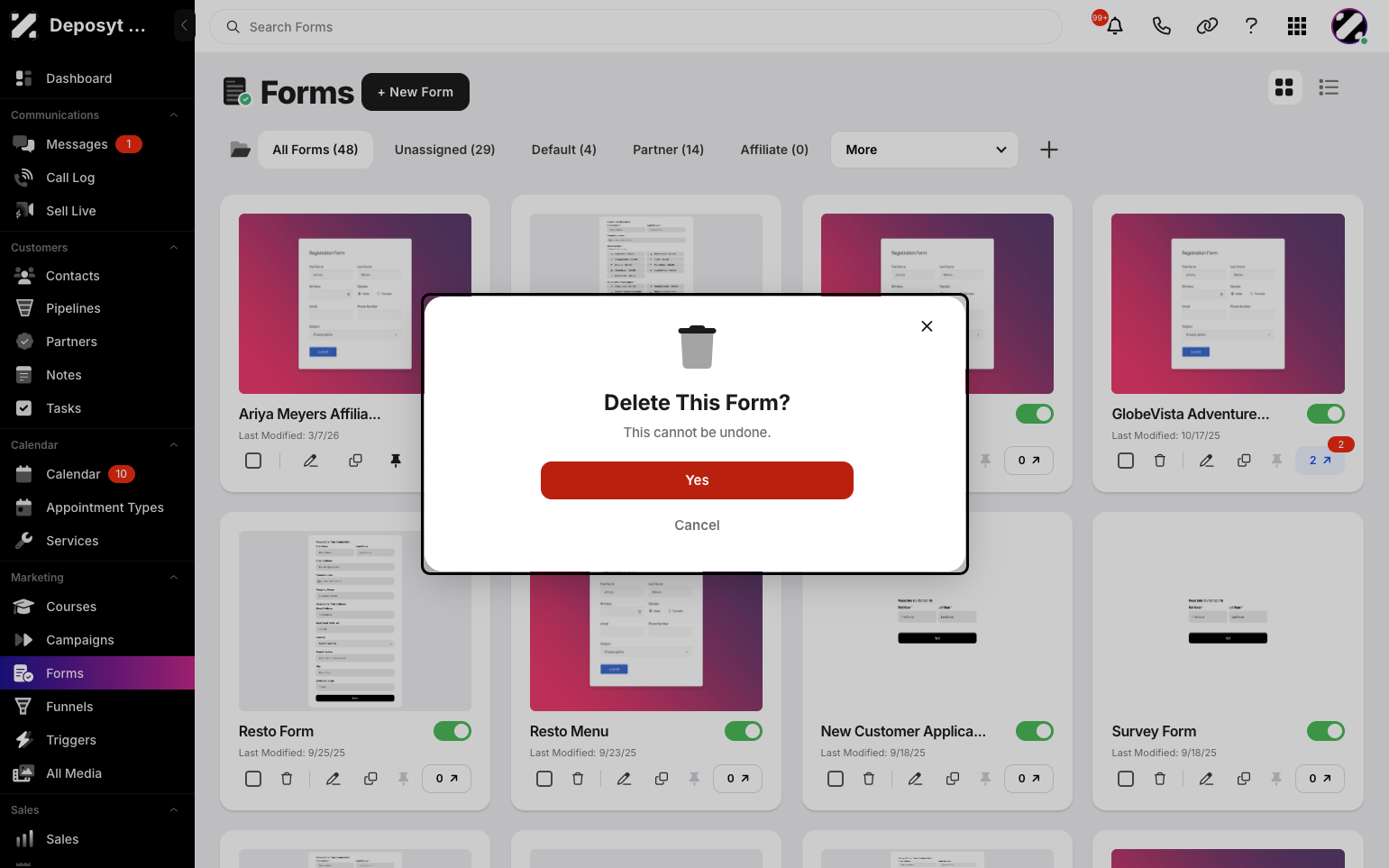 Step 4: A pop-up appears asking if you are sure you want to delete the form, as this action cannot be undone. Click Yes to confirm.