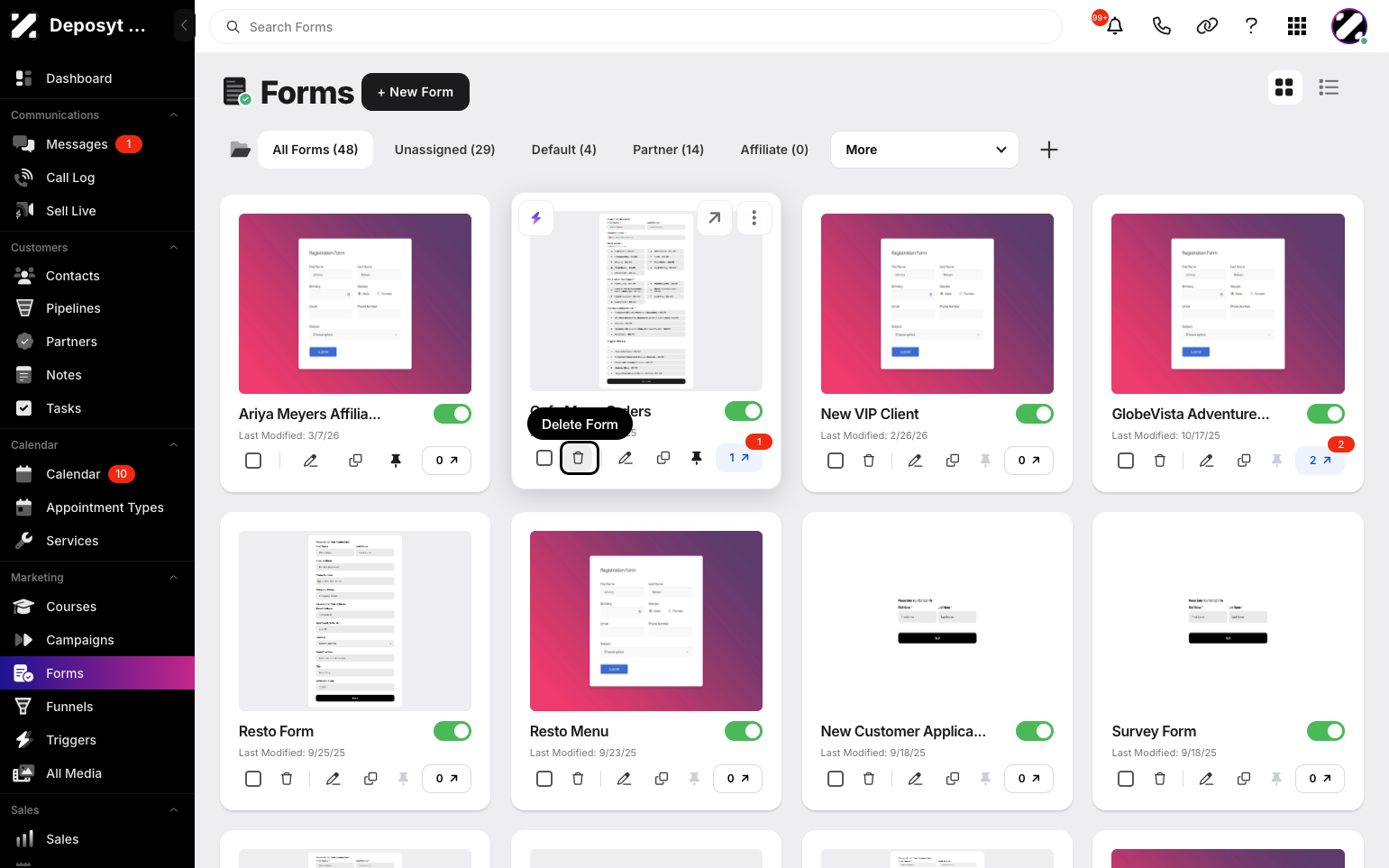 Step 3: You are then navigated to Forms. Click the Trash icon beside the checkbox icon.