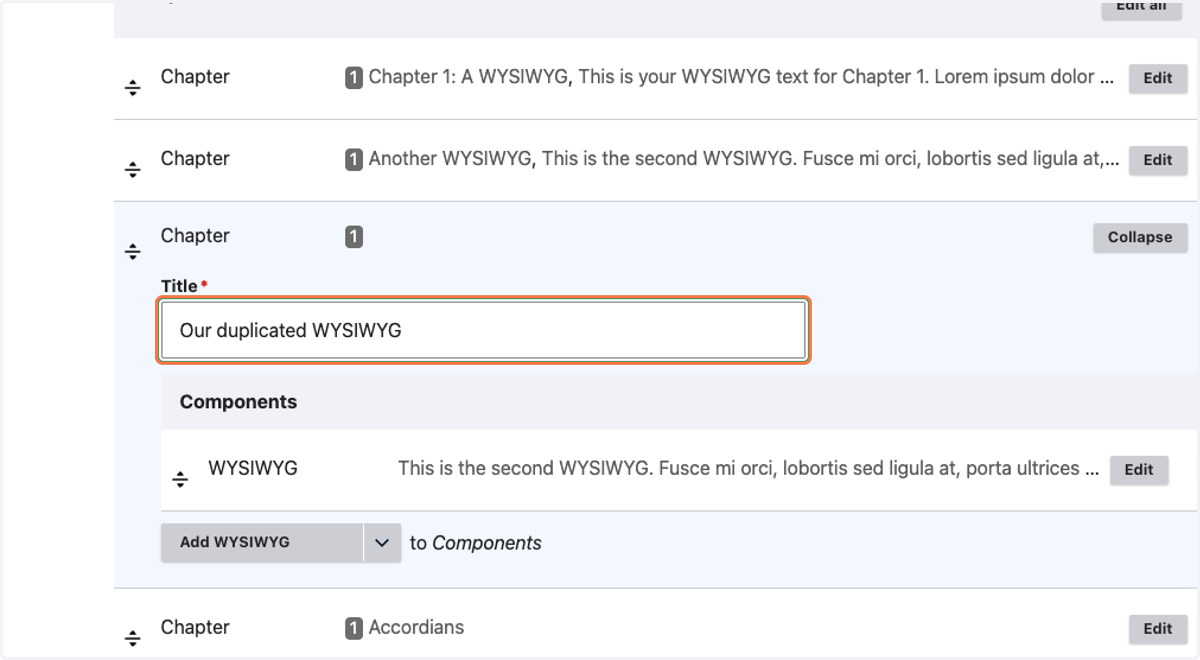 Type "Our duplicated WYSIWYG"