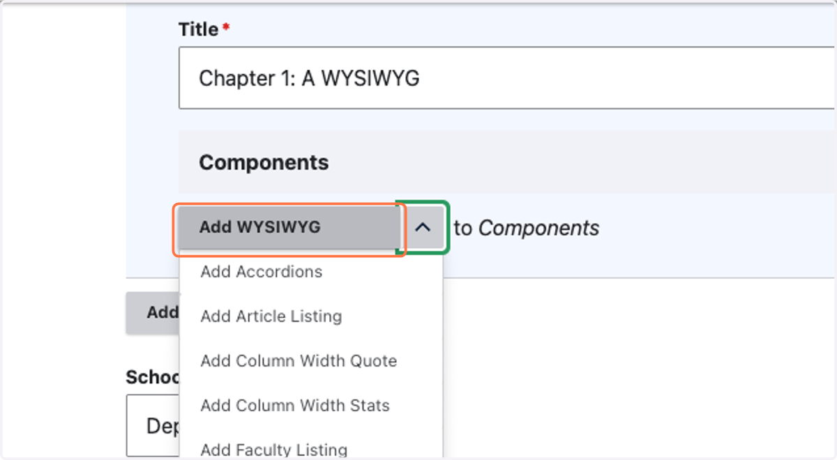 Add a component to your chapter. Let's add a WYSIWYG.
