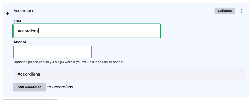 Enter a title and anchor text for your accordion item.