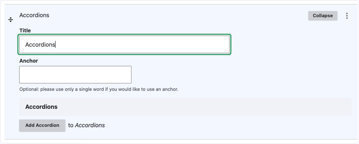 Enter a title and anchor text for your accordion item.