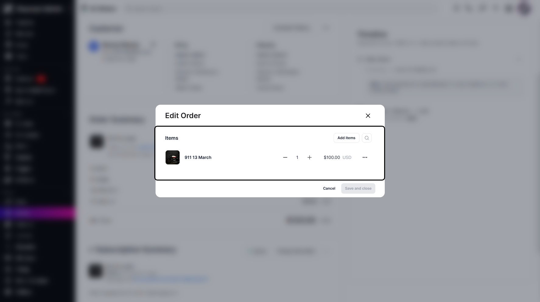 Step 6: A window will appear where you can add items, duplicate them via the three-dot menu, and modify quantities using the – / + buttons.