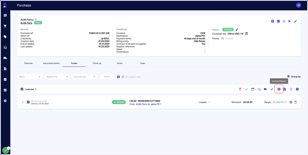 After having selected the trucks in the purchase (or sale, click on "Invoice/Report"